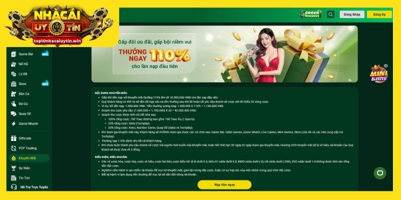 Ưu đãi thưởng 110% cho lần nạp đầu tiên cực hấp dẫn